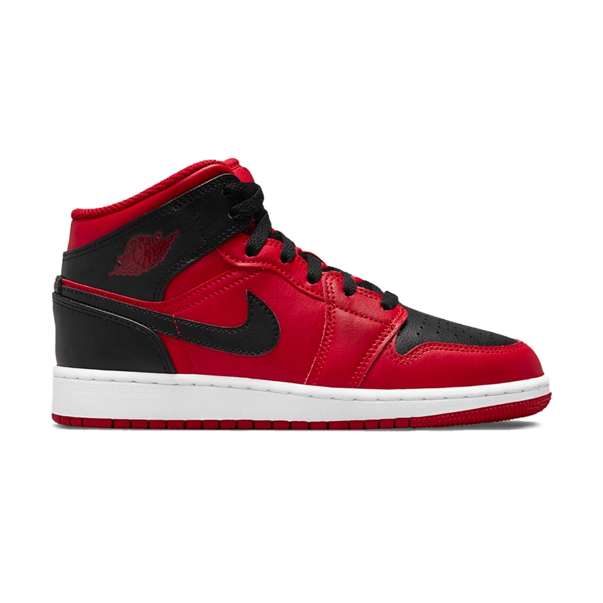 Side view of Air Jordan 1 Mid Reverse Bred (GS) 554725-660